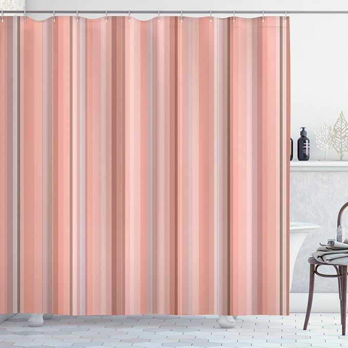 Ambesonne Stripes Shower Curtain, Abstract Ocean Inspired Palette Lines Geometrical Image Illustration, Cloth Fabric Bathroom Decor Set with Hooks, 75" Long, Blush Rose