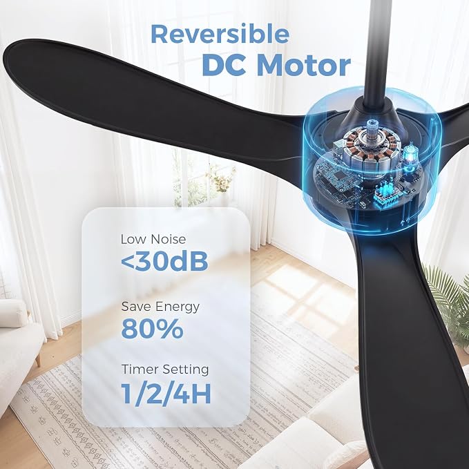 Obabala Black Ceiling Fan No Light, 52" Outdoor Fans for Patios/Porch/Bedroom/Kitchen with Remote, Noiseless, 3 Downrods, 6 Speed, Reversible DC Motor, Modern, 3 Blades, Timer