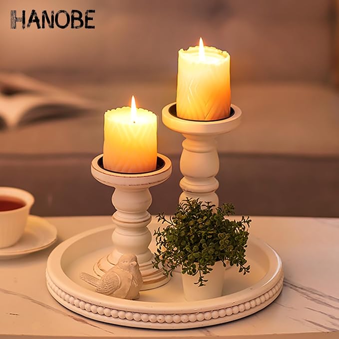Hanobe Round Decorative Tray for Coffee Table, White, 11.8-inch | Beaded edge, crafted from wood, holds candle and vase, modern farmhouse style for dining table centerpiece and living room