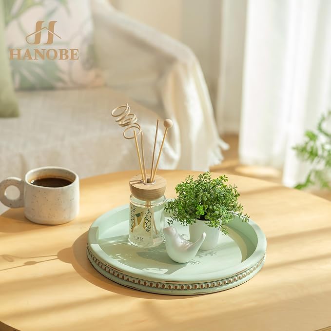 Hanobe Sage Green Decor Tray, Beaded Edge & Distressed Finish | 10.4" round wood tray for candle display, for coffee table centerpiece, living room, bedroom, kitchen.