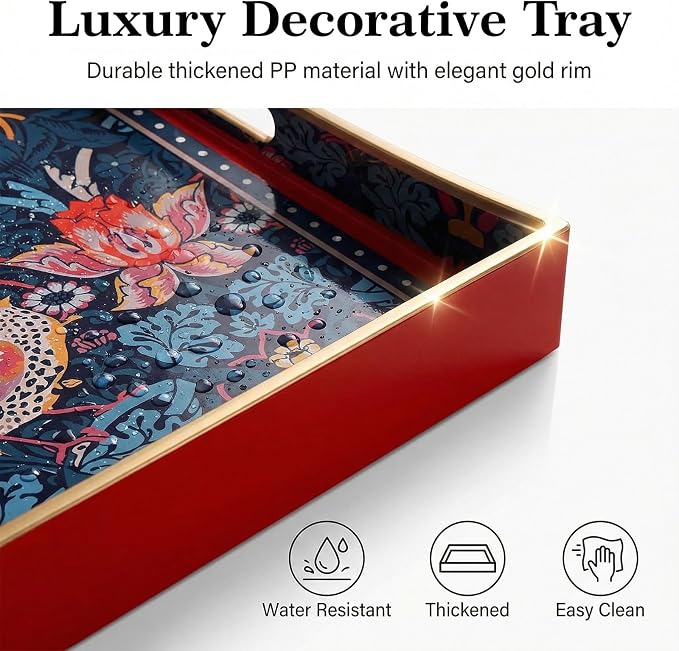 Decorative Tray, Marbling Plastic Tray with Handles, Rectangular Vanity Tray and Serving Tray for Bathroom, Kitchen, Ottoman and Coffee Table (Blue Flower Bird, 15.7 x 11.8 Inch)