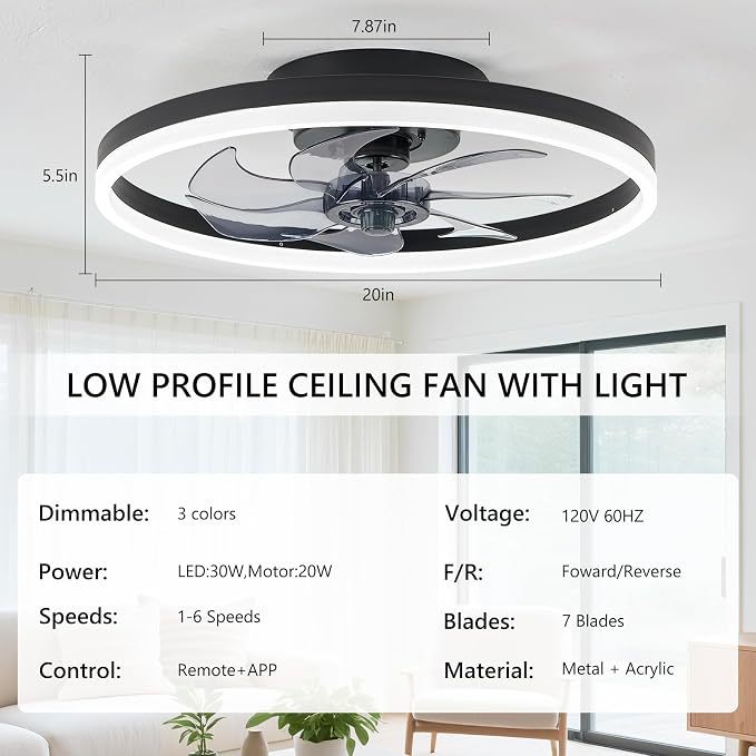 20" Low Profile Ceiling Fans with Lights and Remote & APP, Dimmable 3000-6500K LED Fandelier Ceiling Fan with Light, Modern Flush Mount Ceiling Fan Light for Living Room, Bedroom and Kitchen