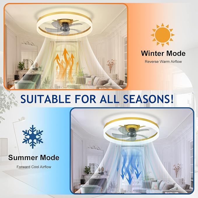DLLT Bladeless Ceiling Fans with Lights: 24 Inch Modern Flush Mount Low Profile Ceiling Fan with APP Remote Control - Gold Enclosed LED Fandelier Dimmable Quiet DC Motor for Bedroom Living Room
