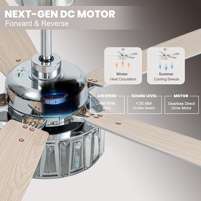 Dawn Whisper 52" Crystal Chandelier Ceiling Fans with Lights and Remote | Modern Design Quiet Reversible DC Motor 6 Speeds Timer for Living Room Bedroom