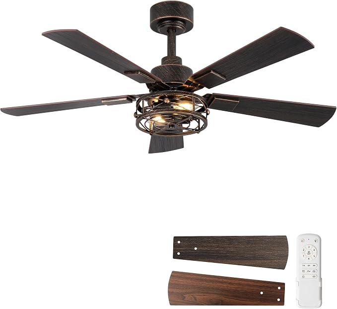 Farmhouse Ceiling Fans with Lights, 42 Inch Bedroom Ceiling Fan with Remote Control, Quiet and Reversible DC Motor, 6-Speed 5 Blades Caged Ceiling Fan for Bedroom, Living Room, Black and Gold Color