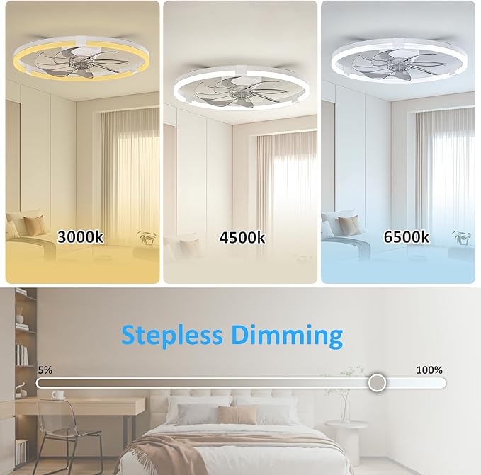 20'' Low Profile Ceiling Fan with Lights, Ceiling Fans with Lights and Remote, 3000-6500K Dimmable Modern Flush Mount LED Fan Lights, 6 Wind Speeds Ceiling Fans for Bedroom