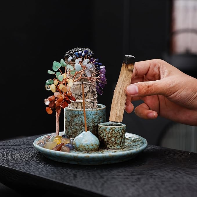 5 in 1 Incense Burner Holder with Crystal Healing Tree, Palo Santo Holder, Sage Holder, Incense Holder for Sticks/Cones/Candles, Ceramic Tray Ash Catcher for Burning Incense, Meditation Gift