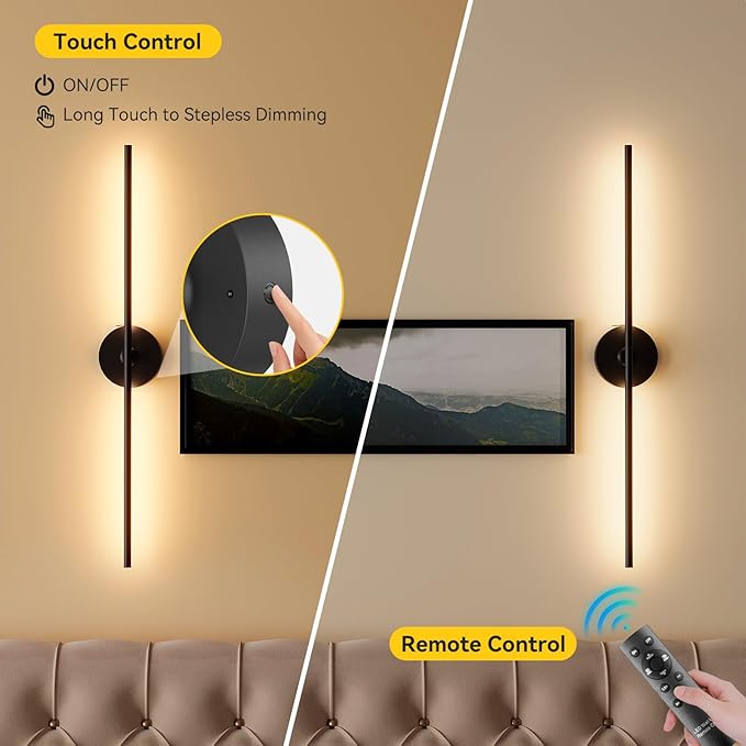 Ouyulong Battery Operated Wall Sconces Set of 2, 8000mAh Wireless Rechargeable 3000-6000K Dimmable 350° Rotate Wall Light with Remote for Living Room, Bedroom 31.6in Black