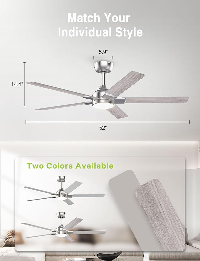 DAMINY 52 inch Nickel Ceiling Fans with Lights,5 Blades,3CCT, Low Profile,Remote Control,for Bedroom, Kitchen,Living Room,Indoor/Outdoor Use,Downrod