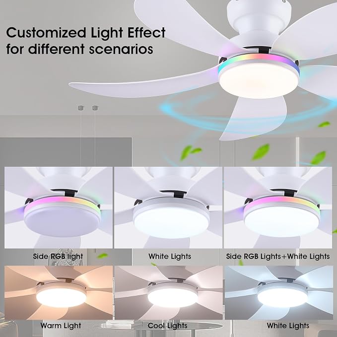 PHORUS 42" White Modern Low Profile RGB Ceiling Fans with Lights and Remote | 14 RGB Modes,Supports Remote and APP,6 Wind Speeds, Reversible, Dimmable 3 CCT LED, 30W DC Motor,Suits for Bedroom Kidsroom