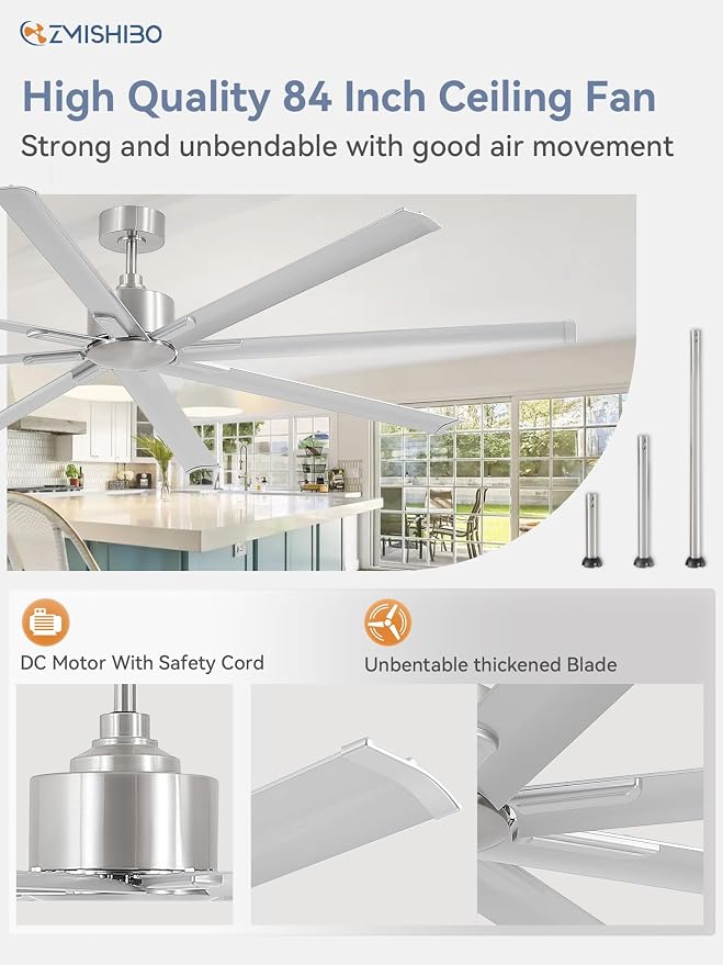 ZMISHIBO 84 Inch Ceiling Fans No Light, Large Industrial Ceiling Fan with 8 Aluminium Blades, Quiet DC Motor, 6 Speeds, Modern Ceiling Fan without Light for Garage/shop/living room,Nickel