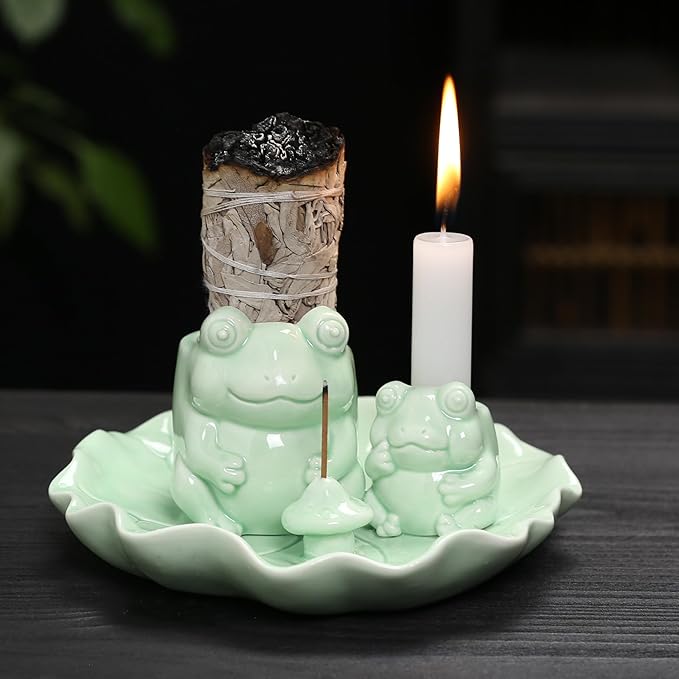 ChangWanna Multifunction 4 in 1 Frog Incense Holder, Palo Santo Holder, Sage Holder, Ceramic Incense Stick Holder for Burning - Cute Ash Catcher Tray for Yoga/Meditation/Home Room Office Decor, Green
