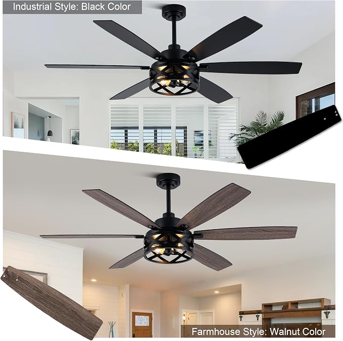 60“ Farmhouse Ceiling Fan with Lights Remote, Rustic Ceiling Fan | Black Metal Caged Fandelier Industrial Chandelier, Reversible Quiet DC Motor 6 Speed 6 Dual Blades for Living Room Bedroom