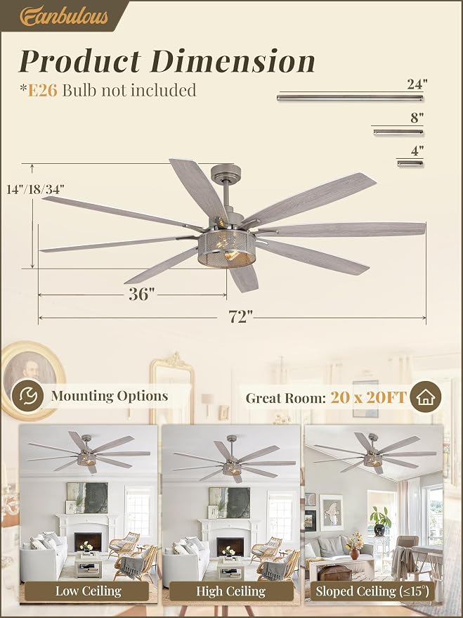 Fanbulous Farmhouse Ceiling Fans with Lights and Remote, 72 Inch Brushed Nickel Industrial Caged Ceiling Fans for Bedroom Living Room Kitchen, 6 Speed Reversible Quiet DC Motor, Dual Finish 8 Blades
