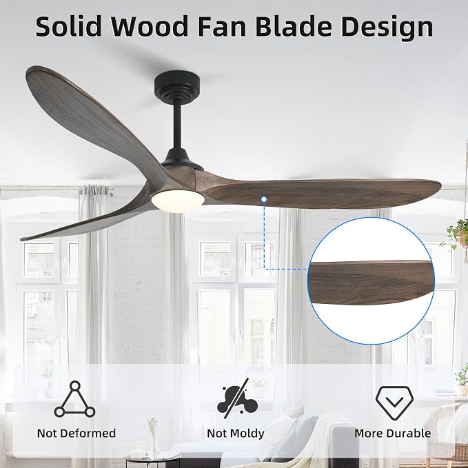 Ceiling Fan with Lights, 72'' Solid Wood Indoor/Outdoor Ceiling Fan with Quiet Reversible DC Motor, Compatible with Alexa/Google, 3CCT Dimmable, 6 Speeds Dark Brown Outdoor Fan for Patio Porch