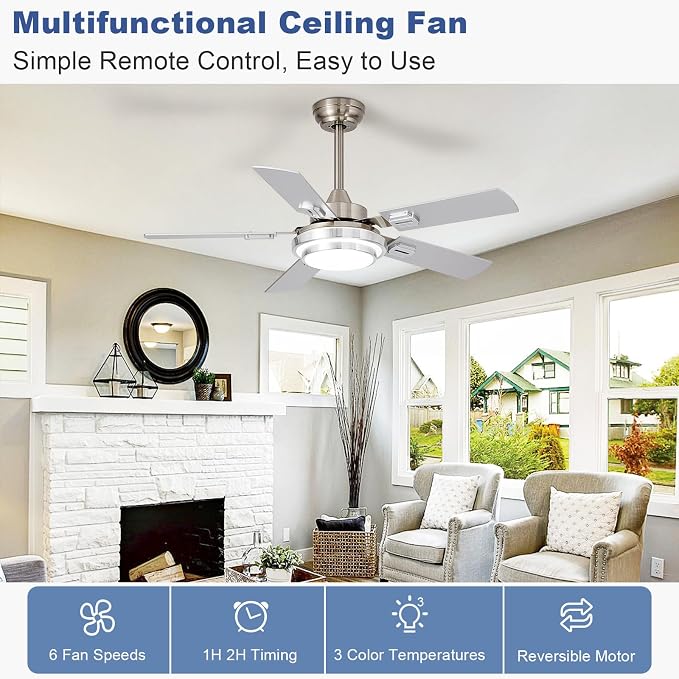 Depuley 42-Inch Ceiling Fan with Light: Brushed Nickel Ceiling Fans with 5 Blades Dual Finish Reversible - Farmhouse Ceiling Fan with Remote Control Noiseless for Living Room Outdoor Patios