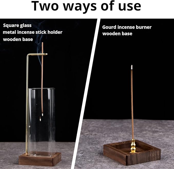 Incense Holder, Incense Holder for Sticks, Wood Insence-Stick Holder with Glass Ashes Collector, Anti-Ash Flying Incense Burner (SizeA)