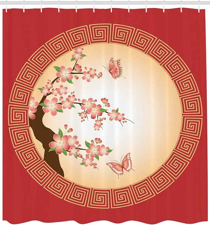 Ambesonne Nature Shower Curtain, Oriental Cherry Blossom Butterflies in Circle Frame Ornamental Arrangement Japan, Cloth Fabric Bathroom Decor Set with Hooks, 69" W x 70" L, Coral Peach