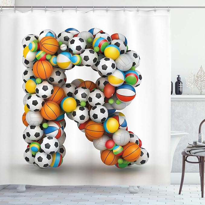 Ambesonne Letter R Shower Curtain, Realistic Looking Volleyball Basketball Soccer Balls Language of The Game Theme, Cloth Fabric Bathroom Decor Set with Hooks, 69" W x 75" L, Orange Multicolor
