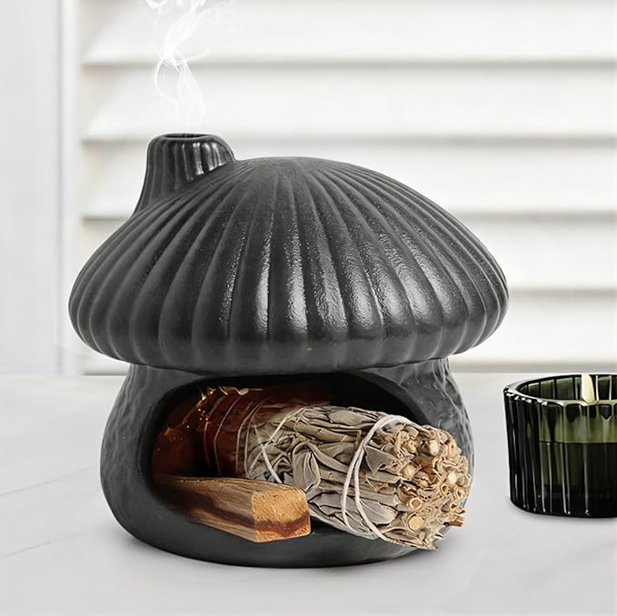 Palo Santo Holder Mushroom Shape, Ceramic Sage Holder for Burning Palo Santo Burner for Meditation, Yoga and Relaxation(Black)