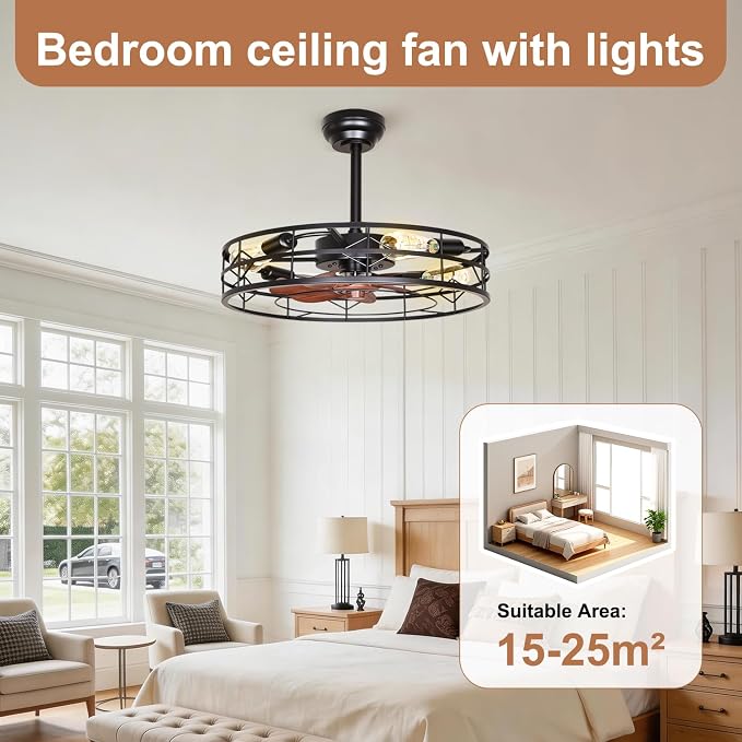 TCL 24 Inch Caged Ceiling Fan with Light and Remote, Low Profile Flush Mount Fandelier, Rustic Farmhouse Style Ceiling Fans for Bedroom, Kitchen, Easy to Install