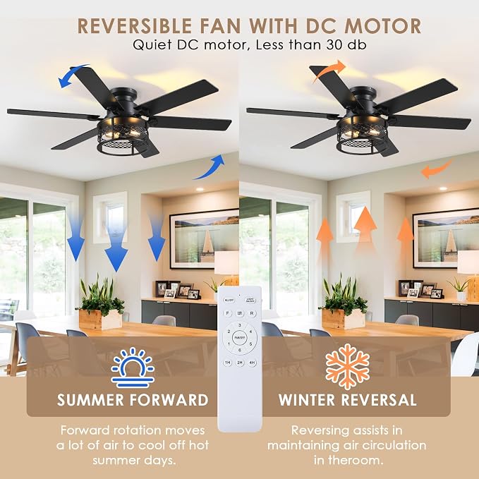 Hounberi 52" Farmhouse Ceiling Fans with Lights and Remote, Industrial Black Flush Mount Ceiling Fan with 6 Double-Sided Blades, 6 Speed Reversible Motor, Caged Rustic Ceiling Fans for Living Room