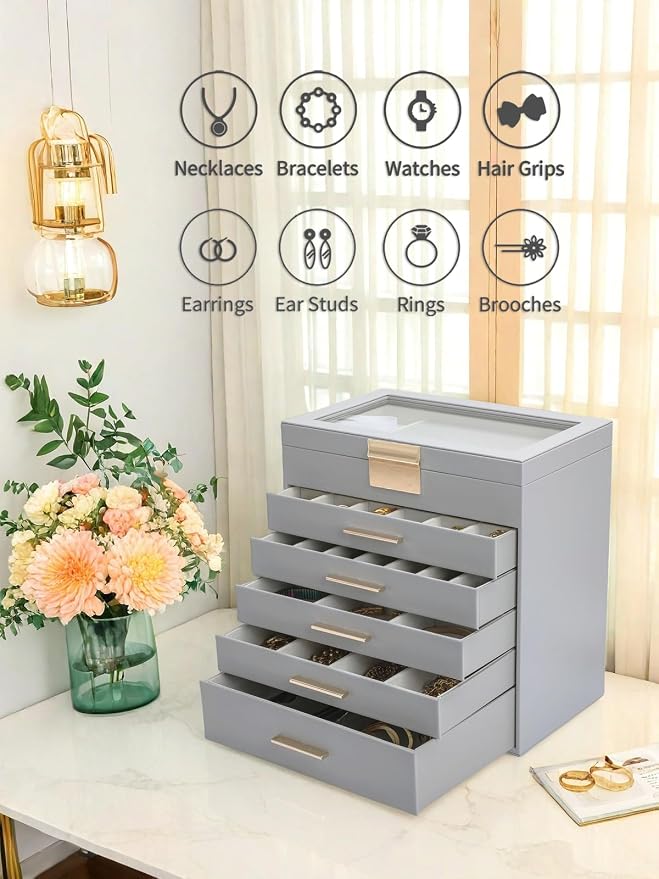 BOOVO Jewelry Boxes for Women, White and Black 6 Layer Large Jewelry Box for Necklace, Bracelet, Earrings, Rings Storage, Jewelry holder Organizer for Girls Gift (Grey, 6 layer)