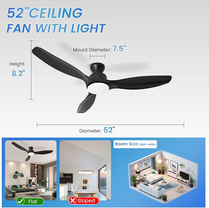 52" Ceiling Fan with Light and Remote, Flush Mount Ceiling Fan with 3 Blades, Low Profile Fan, 6 Speed, Queit DC Motor, Black Fan for Bedroom/Indoor/Outdoor/Living Room