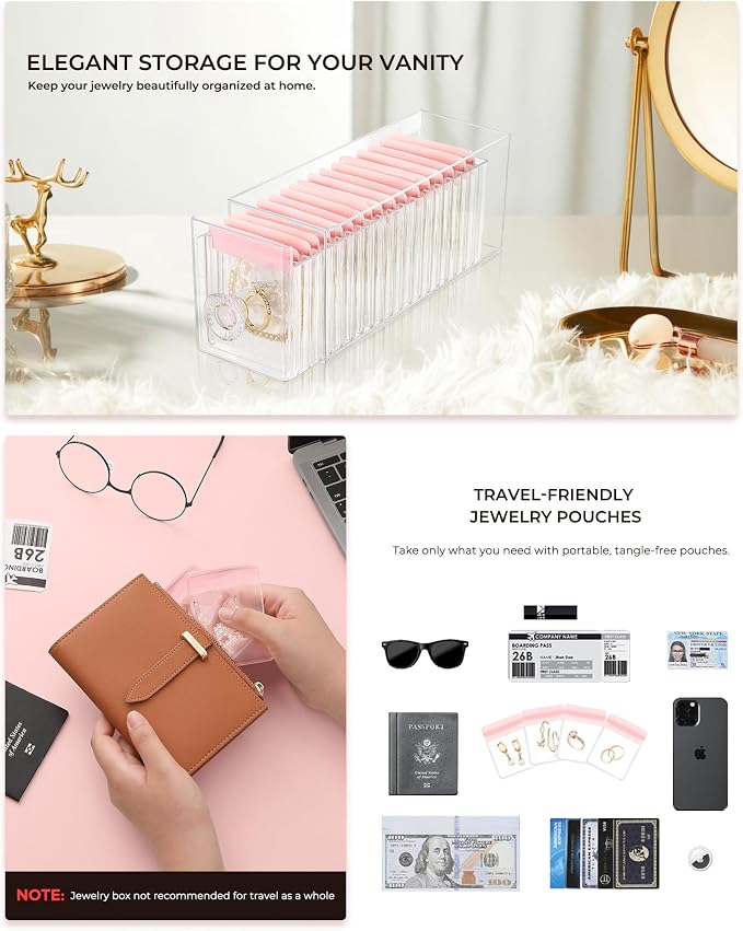HOMEHIVE Clear Acrylic Jewelry Organizer Box with 20 Portable Pouches, Jewelry Storage Case for Women Girls, Tangle-Free, Anti-Tarnish, Compact Storage for Necklaces/Earrings/Rings, Upgraded Pink