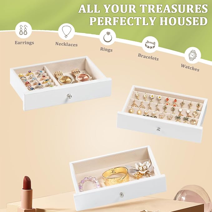 Jewelry Box Organizer, Rustic Wooden Jewelry Boxes for Women Girls, Large Storage Earring Holder Organizer Display for Earrings Necklaces Rings Bracelets (White)