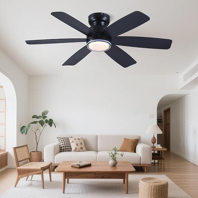 Kviflon 46" Modern Ceiling Fans with RGB Lights Remote/APP Control, Low Profile Flush Mount Ceiling Fan, 6 Reversible Plastic Blades 6 Speeds, RGB + 3 CCT Dimmable Lights for Bedroom Kidsroom, Black