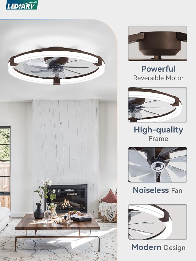 LEDIARY Ceiling Fans with Lights, 23 Inch Low Profile Ceiling Fan with Remote, 6 Speeds, Reversible, Dimmable Flush Mount Fan Light, Modern Fandelier Ceiling Fan with Lights for Bedroom, Brown