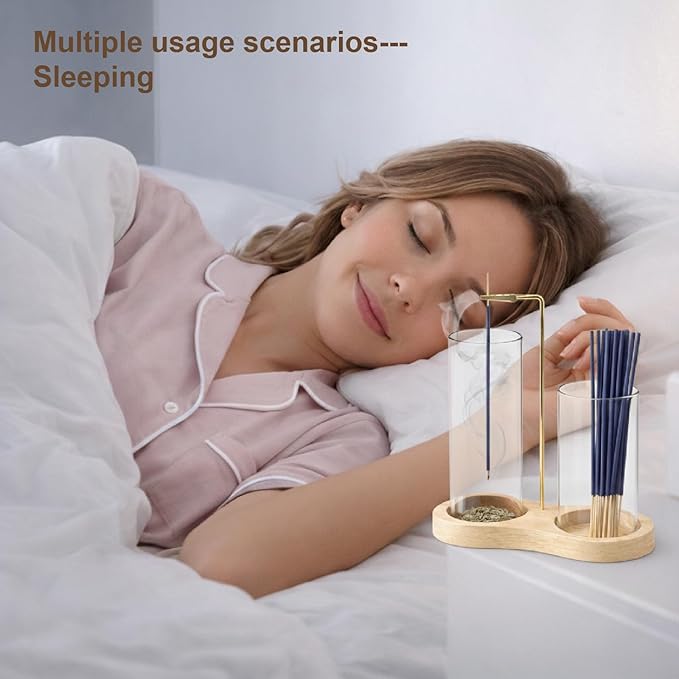 2-in-1 Incense Holder with Glass Ash Catcher & Stick Storage, Wooden Incense Burner for Relaxation, Stress Relief, Mess-Free Home Use, Self-Care, Meditation, Yoga, Bedroom & Living Room (Natural)