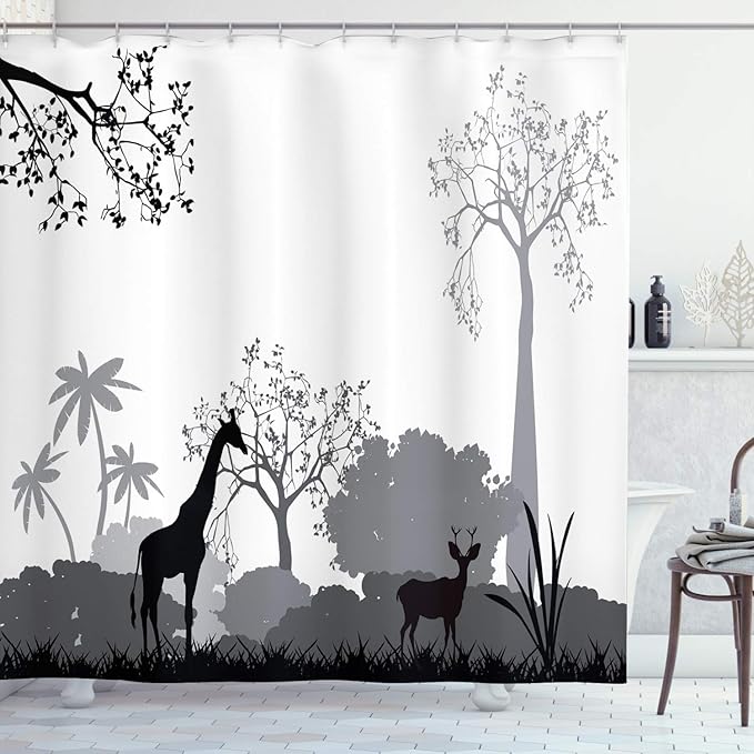 Ambesonne Savannah Shower Curtain, Grayscale Silhouette of Savannah Giraffe Deer and Trees Wild Region Theme Africa, Cloth Fabric Bathroom Decor Set with Hooks, 69" W x 75" L, Cream Grey