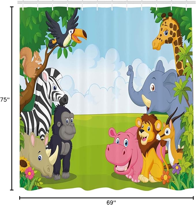 Ambesonne Animal Shower Curtain, Colorful Design Savannah Themed Cartoon Animals Image Art Forest Woodland Print, Cloth Fabric Bathroom Decor Set with Hooks, 69" W x 75" L, Multicolor Sky Blue