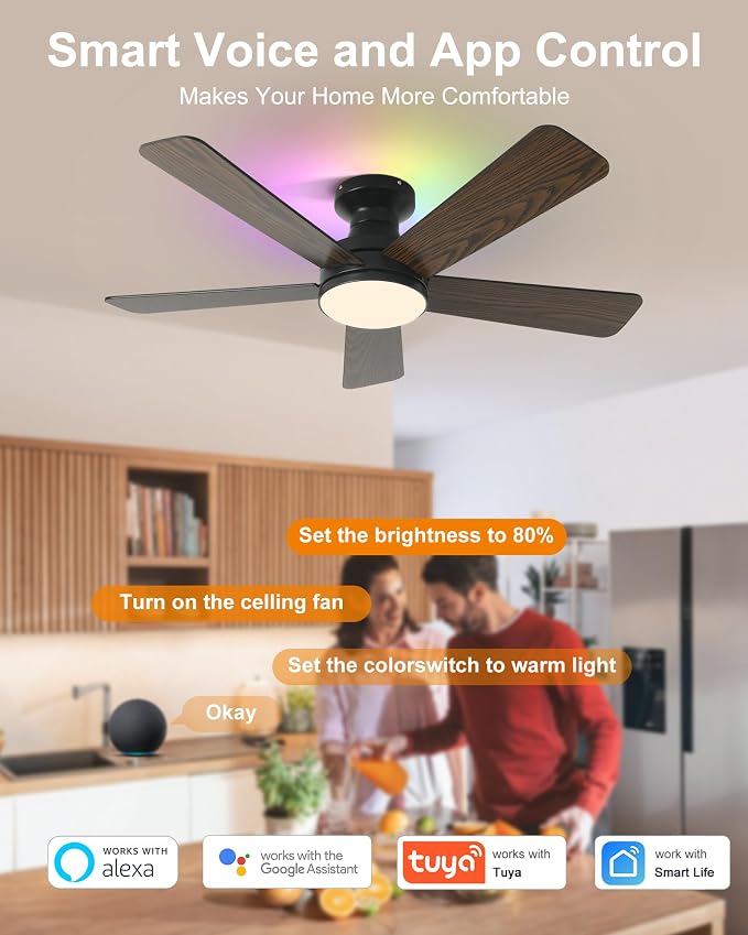 42 Inch Ceiling Fans with Lights, Smart Ceiling Fan with Alexa, Black Ceiling Fan with RGB Lights Remote, 6 Speeds Reversible DC Motor, Modern Flush Mount for Bedroom Living Room