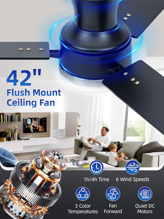 LANMEL 42 Inch Flush Mount Ceiling Fan with Light, App&Remote Control, Low Profile Modern Ceiling Fan, 6 Speed, Reversible, 3000k-6500k Dimmable LED, Quiet DC Motor for Indoor Outdoor, Silver Black