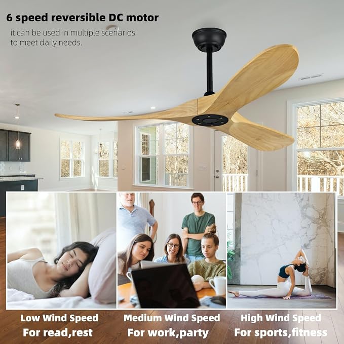 Contemporary Style 52 Inch Wooden Ceiling Fan, Boom Mounted, with Remote Control, Reversible DC Motor, Suitable for Living Room, Bedroom, Dining Room, Terrace, Farmhouse