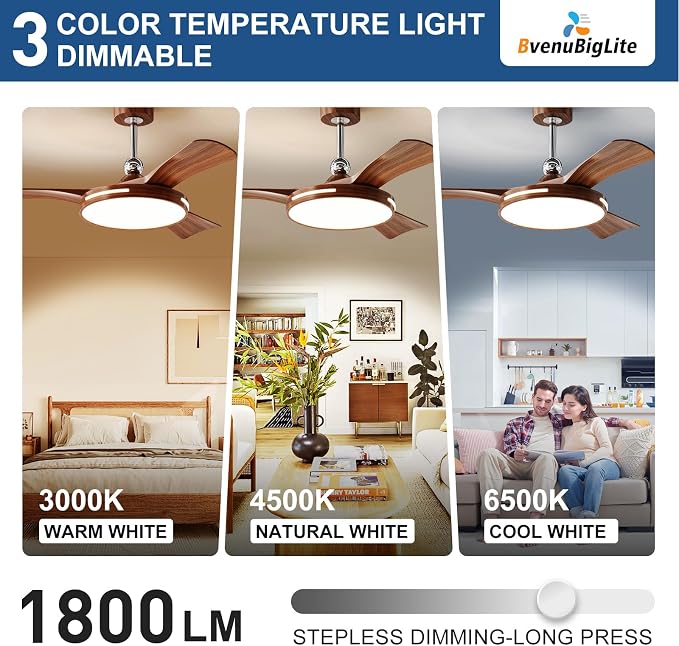 Ceiling Fans with Lights and Remote: 42-Inch Ceiling Fan 3 Blades Round Low Profile Outdoor - Walnut Ceiling Fans with Remote Control Chrome Rod Quiet Reversible DC Motor for Living Room