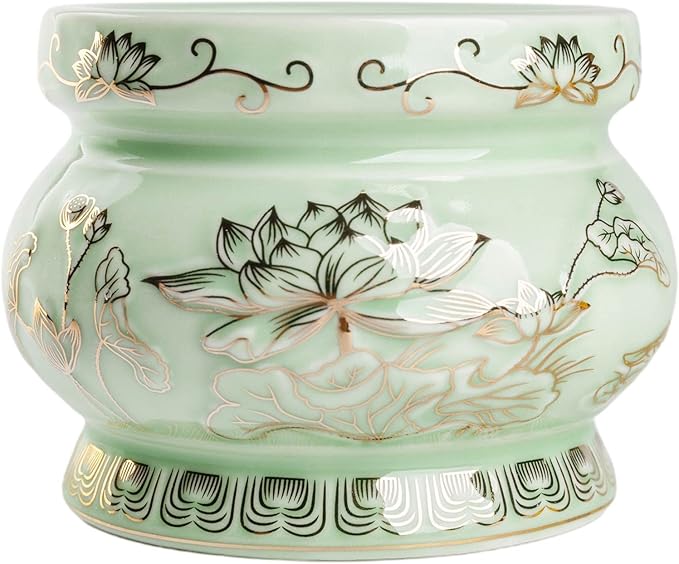 Houlu Small Green Ceramic Incense Burner Pot for Praying Buddha, Tibetan Buddhist Altar Worship Incense Censer - 4 Inches