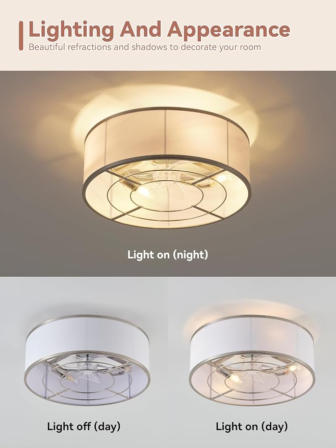 Low Profile Ceiling Fans with Lights, 20" Silver Boho Ceiling Fan with Light Flush Mount and Remote Control, Drum Caged with 6 Speeds for Bedroom, Nursery, Living Room