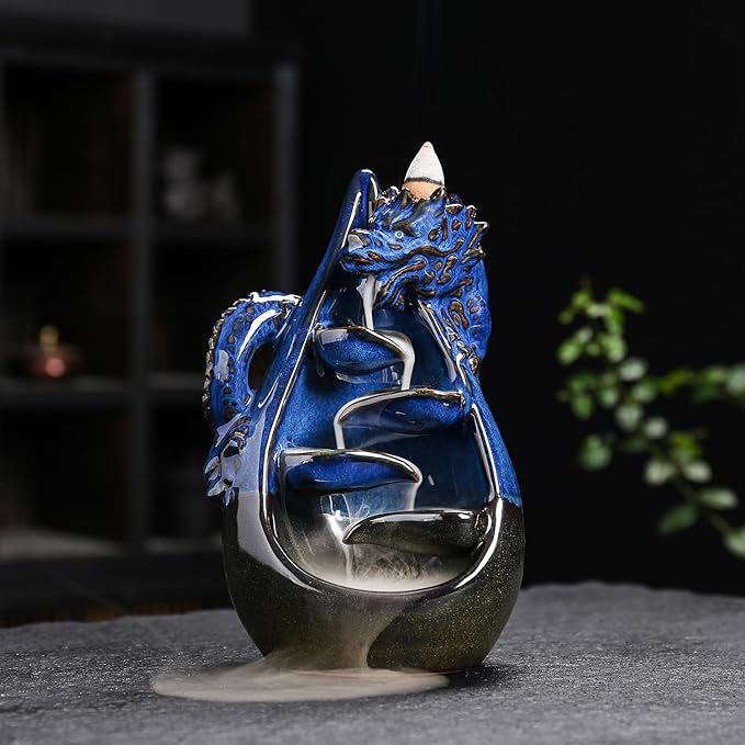 Dragon Incense Burner - Ceramic Backflow Waterfall Burner with Dragon Smoke Fountain, Incense Holder, Cones & Tweezer & Fire Mat for Aromatherapy/Yoga/Home/Office Deco
