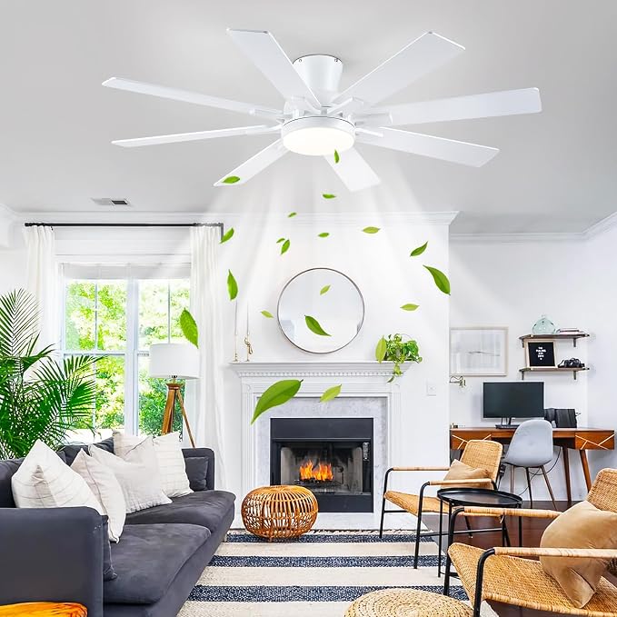 Mpayel Ceiling Fans with Lights, 52 Inch Low Profile Flush Mount Ceiling Fan, Modern White Ceiling Fan with Light for Bedroom Living Room, Remote/APP Control, Quiet DC Motor, Dimmable, 8 Wood Blades