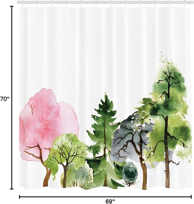 Ambesonne Forest Shower Curtain, Colorful Forest with Oak and Willow Growth Purity Nobility in Mother Earth Theme Art, Cloth Fabric Bathroom Decor Set with Hooks, 69" W x 70" L, Green Magenta
