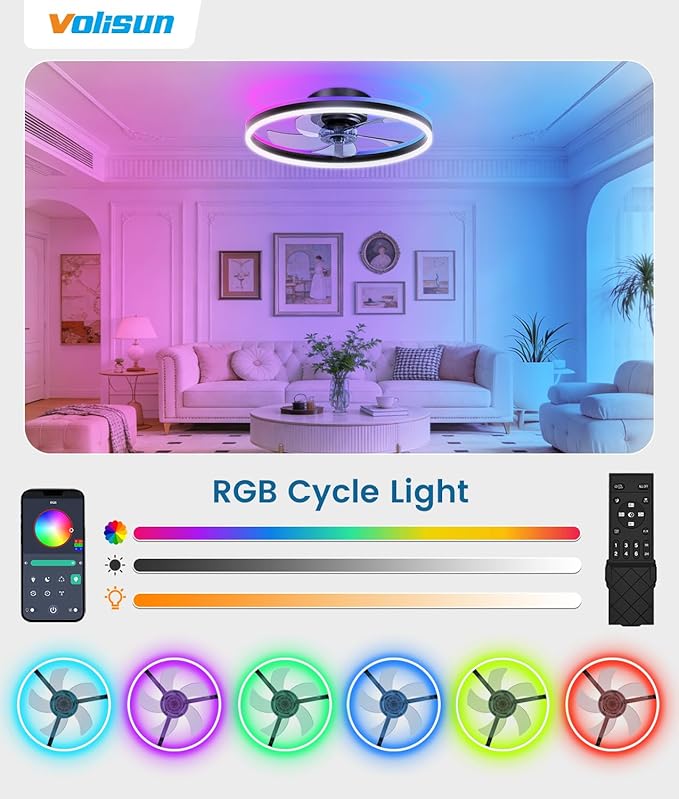 VOLISUN RGB Ceiling Fans with Lights and Remote, 20in Low Profile Ceiling Fans with Lights Flush Mount, 3000K-6500K Dimmable Fandelier LED Fan Light, Black Bladeless Ceiling Fans for Bedroom