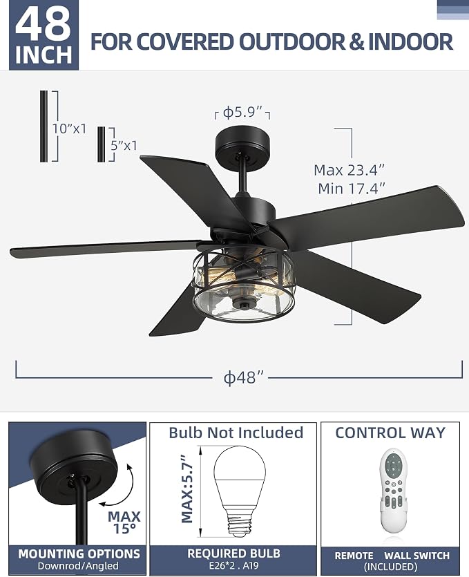 YOUKAIN 48 Inch Farmhouse Ceiling Fan with Light and Remote,Industrial Black Ceiling Fan with Glass Shade,5 Reversible Matte Black & Wood Blades,Quiet Indoor Ceiling Fan for Bedroom, 52-YJ632