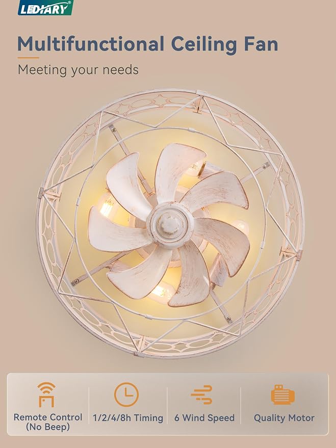 LEDIARY Caged Ceiling Fan with Light and Remote, 20in Small Low Profile Ceiling Fans with Lights, 6 Speed Farmhouse Flush Mount Ceiling Fan for Bedroom, Kitchen, Living Room-White and Gold