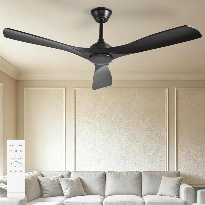 Ceiling Fan Without Light: 52 Inch Outdoor Fan for Patios - Black Ceiling Fan No Light Indoor - Modern 3 Blade Fan with Remote APP Control Reversible 6 Speed DC Motor