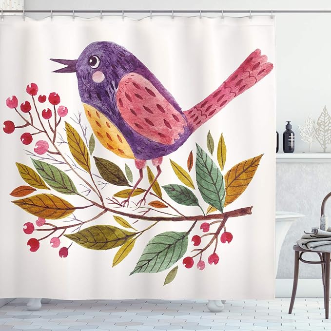 Ambesonne Leaf Shower Curtain, Watercolor Styled Effect a Bird Sitting on a Branch with Leaves Print, Cloth Fabric Bathroom Decor Set with Hooks, 69" W x 84" L, Apple Green
