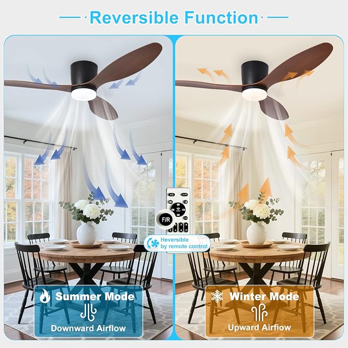 Depuley Flush Mount Ceiling Fan: 52-Inch Black Ceiling Fans with Lights for Bedroom Indoor Outdoor - Low Profile Ceiling Fans with Remote Control 24W 3CCT Dimmable 3 Reversible Walnut Blades 6 Speeds